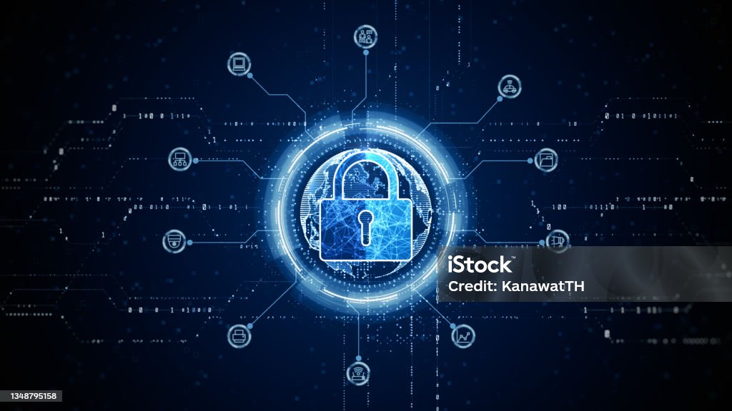 HUD Padlock Icon Cyber Security, Digital Data Network Protection, Future Technology Digital Data Network Connection Background Concept. 3d rendering Network Security Stock Photo