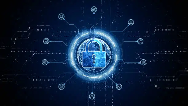 Photo of HUD Padlock Icon Cyber Security, Digital Data Network Protection, Future Technology Digital Data Network Connection Background Concept. 3d rendering