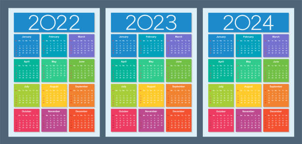 Colorful calendar for 2022, 2023 and 2024 years. Week starts on Sunday. Isolated vector illustration. Colorful calendar for 2022, 2023 and 2024 years. Week starts on Sunday. Vertical calendar design template. Basic grid. Isolated vector illustration. 2024 stock illustrations