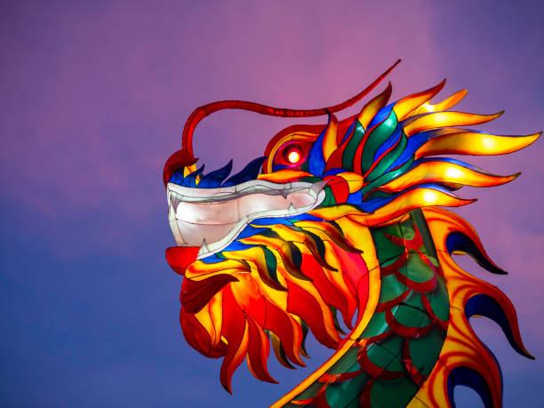 chinese new year with beautiful dragon head lantern with the colorful light on dark sky background. - dragon china year thai culture imagens e fotografias de stock