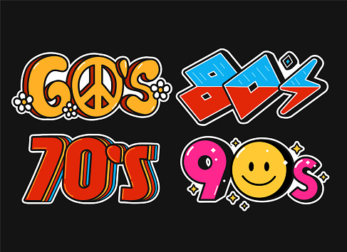 60s, 70s, 80s, 90s party vintage retro style signs set collection. Vector doodle illustration logo icon. Sixties, seventies, eighties and nineties years bundle concept