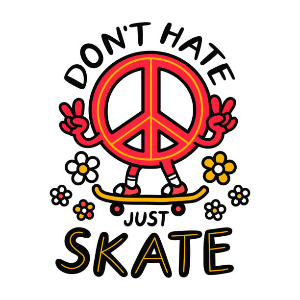illustrations, cliparts, dessins animés et icônes de le signe du pacifisme montre le geste de paix et monte en skateboard. ne détestez pas juste le slogan du skate. illustration de personnage de dessin animé de style doodle dessinée à la main. skate, imprimé pacifique pour t-shirt, affiche, concept de c - skateboard