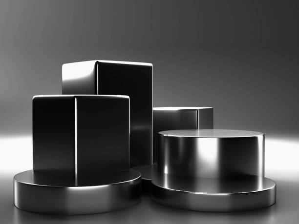 istock 3d render, digital illustration studio stage scene with silver color cubes 1348817170