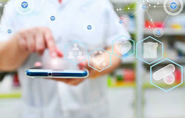 Pharmacist using mobile smart phone for search bar on display in pharmacy drugstore shelves background. Pharmacist using mobile smart phone for search bar on display in pharmacy drugstore shelves background. Online medical concept chemist stock pictures, royalty-free photos & images