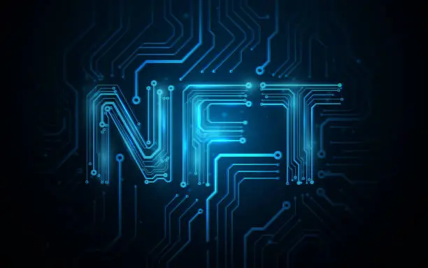 Vector illustration of NFT nonfungible tokens concept. Abstract blue circuit lines board background. Futuristic technology high-tech digital concept
