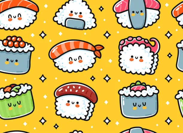 Vector illustration of Cute funny asian japanese sushi character seamless pattern. Vector hand drawn cartoon kawaii character illustration icon. Cute kawaii sushi,roll,Japan asia food cartoon seamless pattern concept