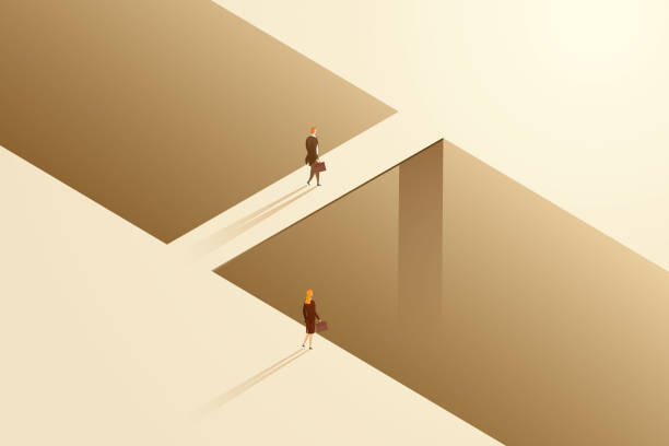istock Businessman and businesswoman on different career paths and obstacles. 1348828183