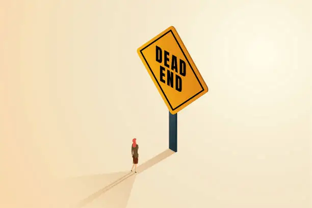 Vector illustration of Businesswoman standing in front of a dead end sign.