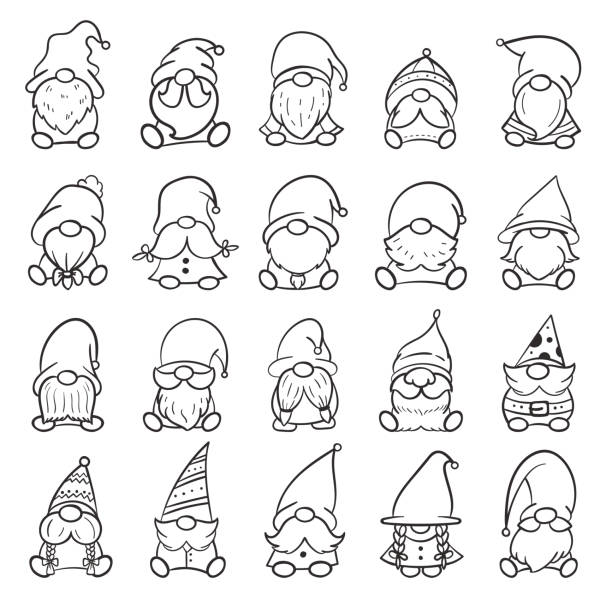 illustrations, cliparts, dessins animés et icônes de dessin au trait gnomes de noël design pour colorier livre isolé sur fond blanc - elf babies and children feelings and emotions holidays and celebrations