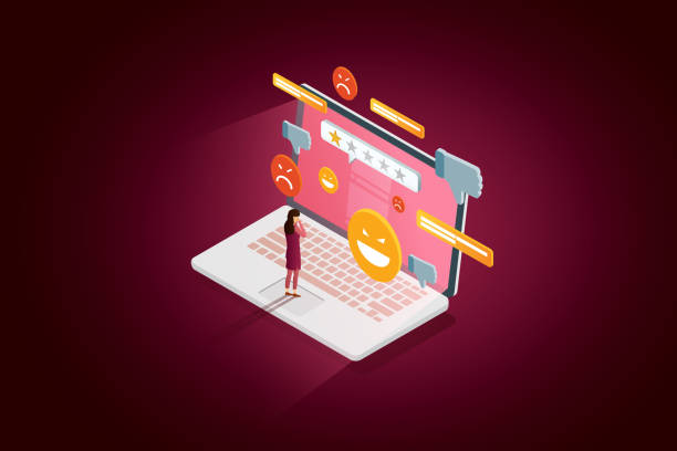 Girl standing in front of laptop screen and icon social networks. Teenager girl in depression Mental stress from messages on social networks The concept of online bullying in Laptop. isometric vector illustration. fierce stock illustrations