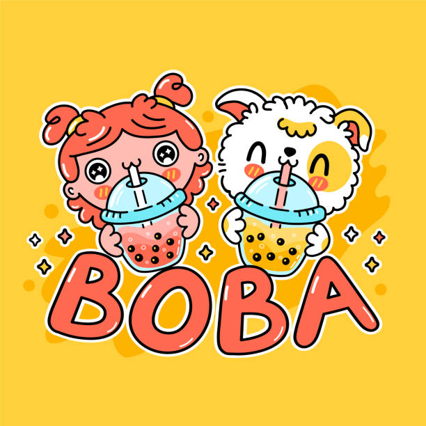 Cute funny dog and girl drink bubble tea from cup. Vector hand drawn cartoon kawaii character illustration sticker logo icon. Asian boba, puppy dog and bubble tea drink cartoon character logo concept Cute funny dog and girl drink bubble tea from cup. Vector hand drawn cartoon kawaii character illustration sticker logo icon. Asian boba, puppy dog and bubble tea drink cartoon character logo concept milk tea logo stock illustrations