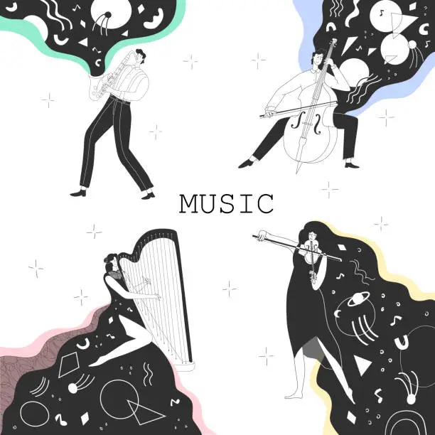 Vector illustration of Musicians plays musical instrument. Orchestra, band, meditation, playing music, cello, harp, saxophone, viola. Isolated on white background. Vector illustration. Flat style. Festival poster.