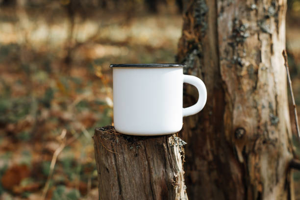 Empty enamelled camping mug mock up standing on tree stump in woods outdoors. Blank new metal cup for logo or branding, close-up
