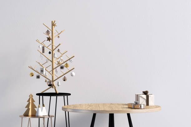 istock Modern Christmas interior with coffee table, Scandinavian style. Wall mock up. 3D illustration 1348837754