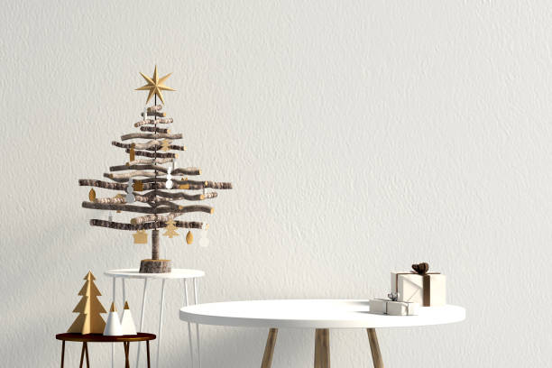 istock Modern Christmas interior with coffee table, Scandinavian style. Wall mock up. 3D illustration 1348837770