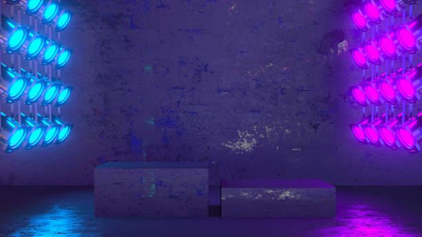 istock Podium, empty product display stand, platform with spotlights in dark room 1348838742