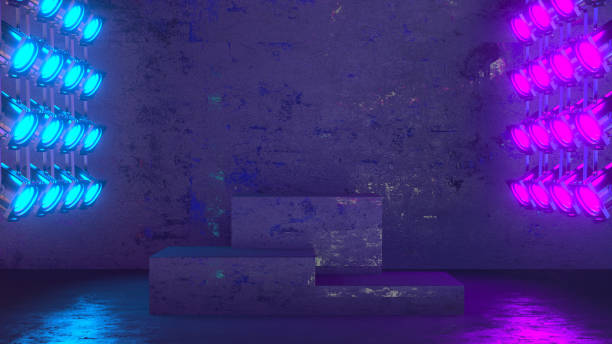 istock Podium, empty product display stand, platform with spotlights in dark room 1348839806