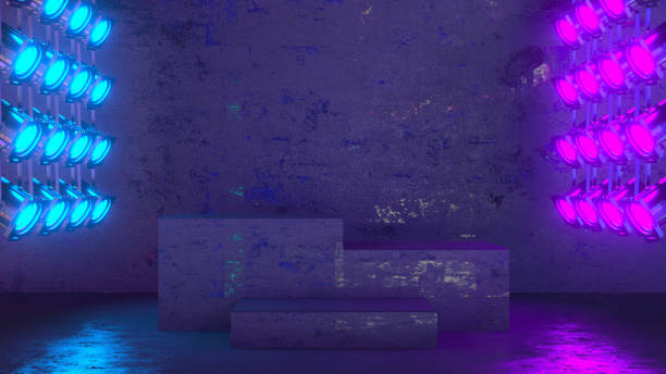 istock Podium, empty product display stand, platform with spotlights in dark room 1348839886
