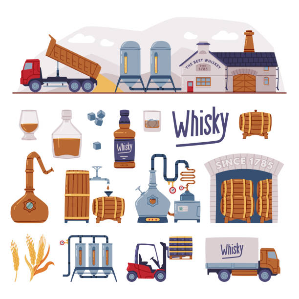 ilustraciones, imágenes clip art, dibujos animados e iconos de stock de proceso de producción de whisky con conjunto vectorial de pasos de destilación, envejecimiento y embotellado - alambique