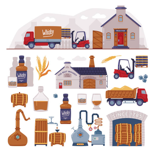 ilustraciones, imágenes clip art, dibujos animados e iconos de stock de proceso de producción de whisky con conjunto vectorial de pasos de destilación, envejecimiento y embotellado - alambique