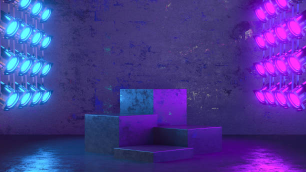 istock Podium, empty product display stand, platform with spotlights in dark room 1348840715