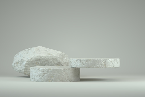 White pieces of Stone wall with broken textured edges, debris stone slabs for product display background. 3d  rendering.