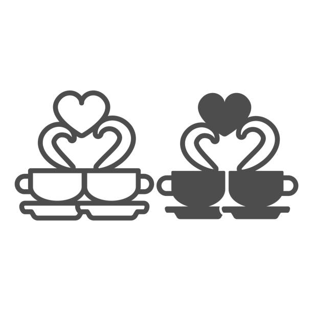 ilustrações de stock, clip art, desenhos animados e ícones de two ceramic cup on saucer and steam with heart line and solid icon, dating concept, coffee date vector sign on white background, outline style icon for mobile concept and web design. vector graphics. - two objects cup saucer isolated