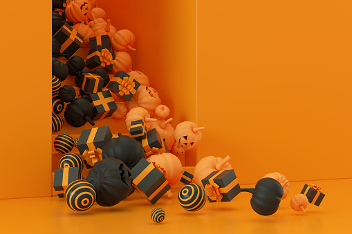 3d render, gift boxes and pumpkins falling from stairs, Halloween, orange color background. Orange Color Background.