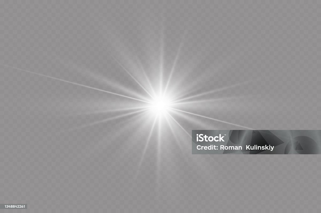 Light effect. Bright Star. Light explodes on a transparent background. Bright sun. Lens Flare stock vector