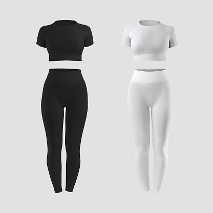 Mockup of a white, black compression suit, 3D rendering, leggings, short t-shirt, crop top, no body, isolated on background. Clothes template for fitness, yoga, workouts, for design, front view. Set