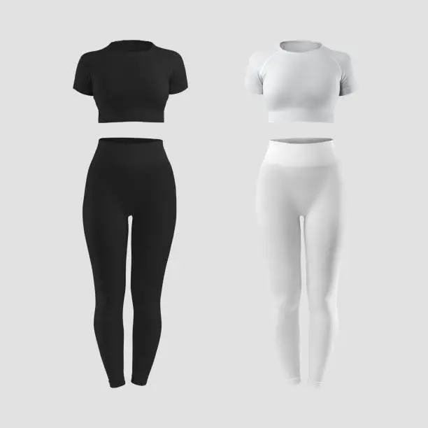 Photo of Mockup of a white, black compression suit, 3D rendering, leggings, short t-shirt, crop top, no body, isolated on background.