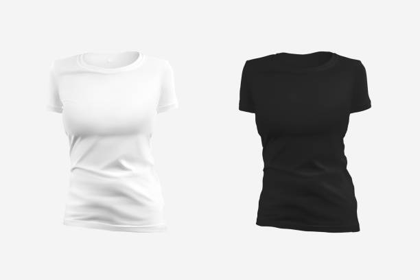 istock Mockup of white, black womens t-shirt, 3D rendering, front view, isolated on background. 1348844988