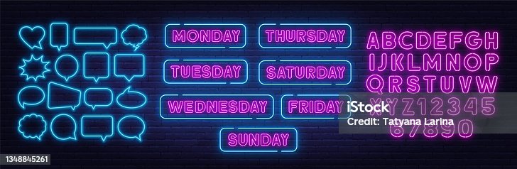istock Sunday, Monday, Tuesday, Thursday, Wednesday,Friday Saturday neon sign on brick wall background. 1348845261