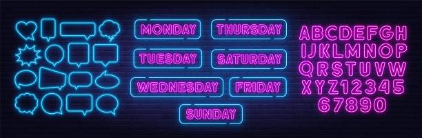 Sunday, Monday, Tuesday, Thursday, Wednesday,Friday Saturday neon sign on brick wall background. Sunday,Monday, Tuesday, Thursday, Wednesday,Friday Saturday neon sign on brick wall background. Neon blue and pink alphabet. neon stock illustrations