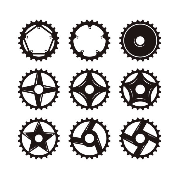 Set of bike crank vector icon element Set of bike crank vector icon element chainring stock illustrations