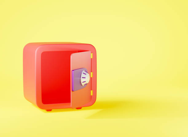 istock Security metal safe bank box icon, money locker safe front view with open door 1348849877