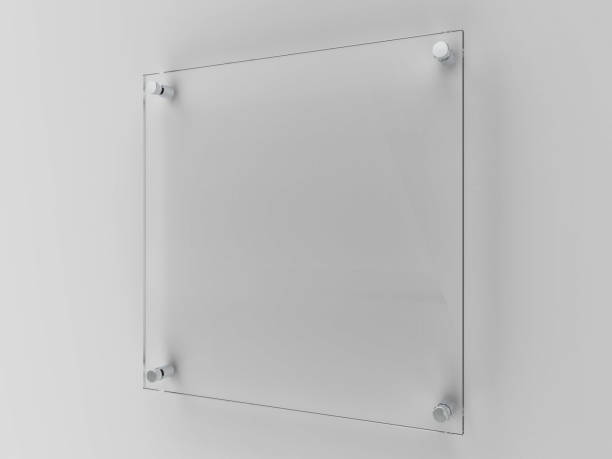 Square Transparent glass nameplate plate on spacer metal holders. Clear printing board for branding. Acrilic advertising signboard on white background mock-up side view. 3D illustration hoja de pantalla de señalización corporativa de vidrio transparente cuadrado en blanco plantilla de maqueta, tablero de impresión transparente para marca, logotipo. vista lateral de maqueta de letrero publicitario acrílico transparente. renderizado 3d