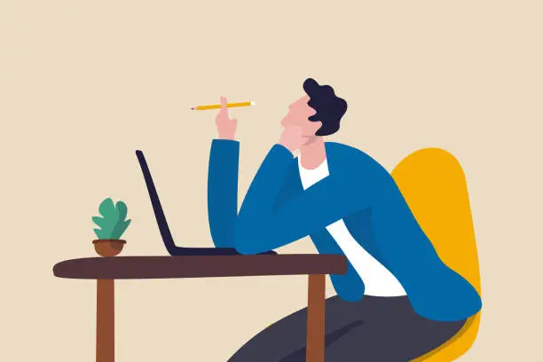 Vector illustration of Boring office worker, exhausted or fatigue employee, afternoon slump or tired and burnout at work concept, sleepy businessman office worker hand on chin bored sitting low energy on his working desk.