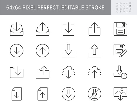 Download line icons. Vector illustration include icon - upload, cloud storage, folder, arrow, document, diskette, floppy disk outline pictogram for web button. 64x64 Pixel Perfect, Editable Stroke.
