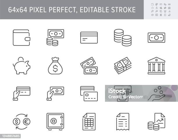 Money Line Icons Vector Illustration Include Icon Currency Exchange Payment Withdraw Wallet Credit Card Invoice Receipt Outline Pictogram For Banking 64x64 Pixel Perfect Editable Stroke Stock Illustration - Download Image Now