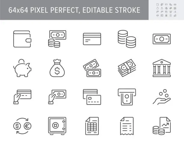 Vector illustration of Money line icons. Vector illustration include icon - currency exchange, payment, withdraw, wallet, credit card, invoice, receipt outline pictogram for banking. 64x64 Pixel Perfect, Editable Stroke