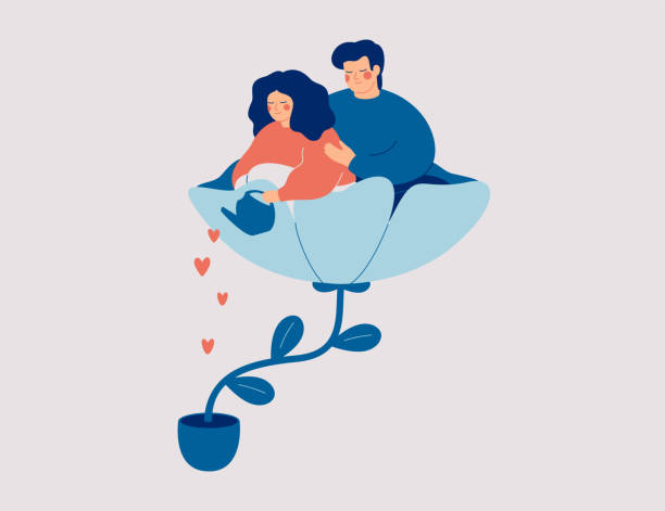 Happy couple hugging in the flower and watering it. Female caring for her husband with love. Wellbeing Relationships and mental health in the family. Happy couple hugging in the flower and watering it. Female caring for her husband with love. Wellbeing Relationships and mental health in the family. Vector illustration. 2 hearts stock illustrations