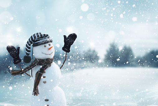 Cute smiling snowman with striped hat and scarf. Winter fairytale.Snowfall in the magic forest.Merry christmas and happy new year greeting card with copy-space