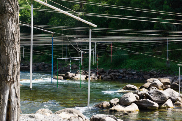Training river with hanging bars for slalom with canoes