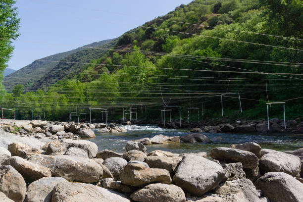 Training river with hanging bars for slalom with canoes