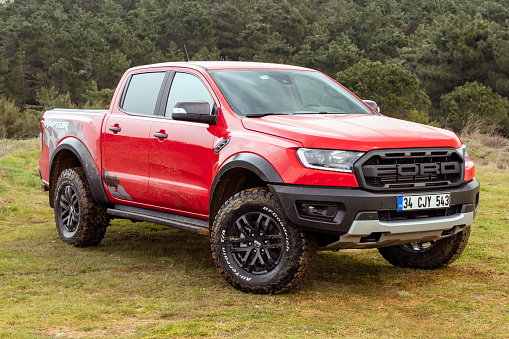 Istanbul, Turkey - March 26 2021 : Ford Raptor is a nameplate used by Ford Motor Company on high-performance pickup trucks.