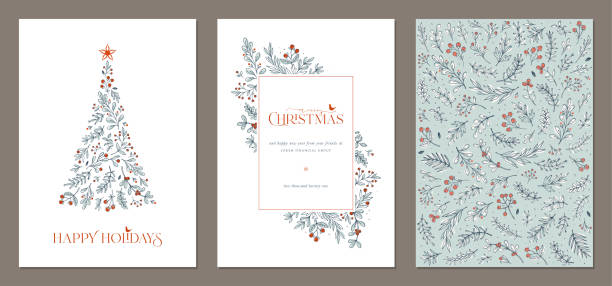 Universal Christmas Templates_23 Ornate Corporate Holiday cards with Christmas tree, bird, decorative floral frame, background and copy space. Universal artistic templates. light blue vintage wallpaper pattern stock illustrations