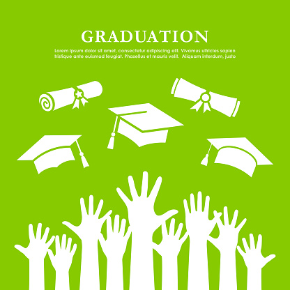 Happy graduation card, academic hats in air, vector poster design
