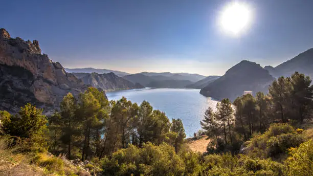 View over Embalse de Santa Ana reservoir lake in Sierras Exteriores in Spanish Pyrenees, Spain
