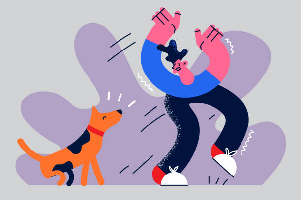 Being afraid of dogs concept Being afraid of dogs concept. Young stressed man boy cartoon character running from dog feeling scared vector illustration angry dog barking cartoon stock illustrations